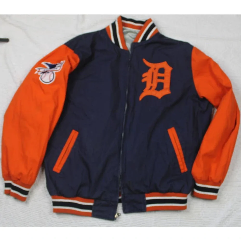 Vintage Detroit Tigers Reversible jacket Silver navy orange Size Large - Picture 3 of 10